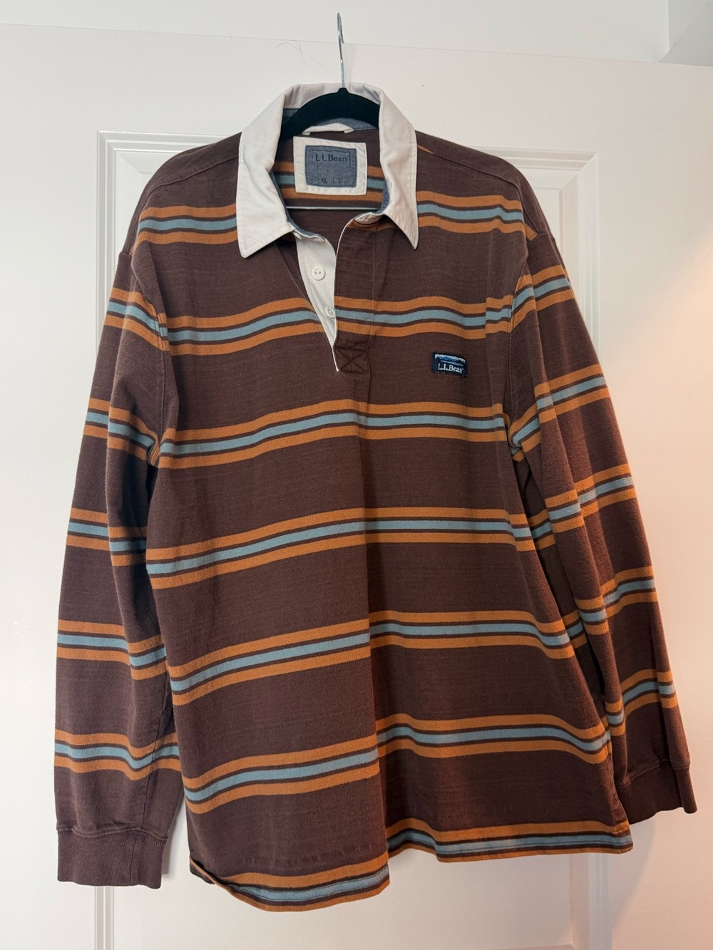 L.L. Bean Brown Striped Rugby Polo with Cream Collar